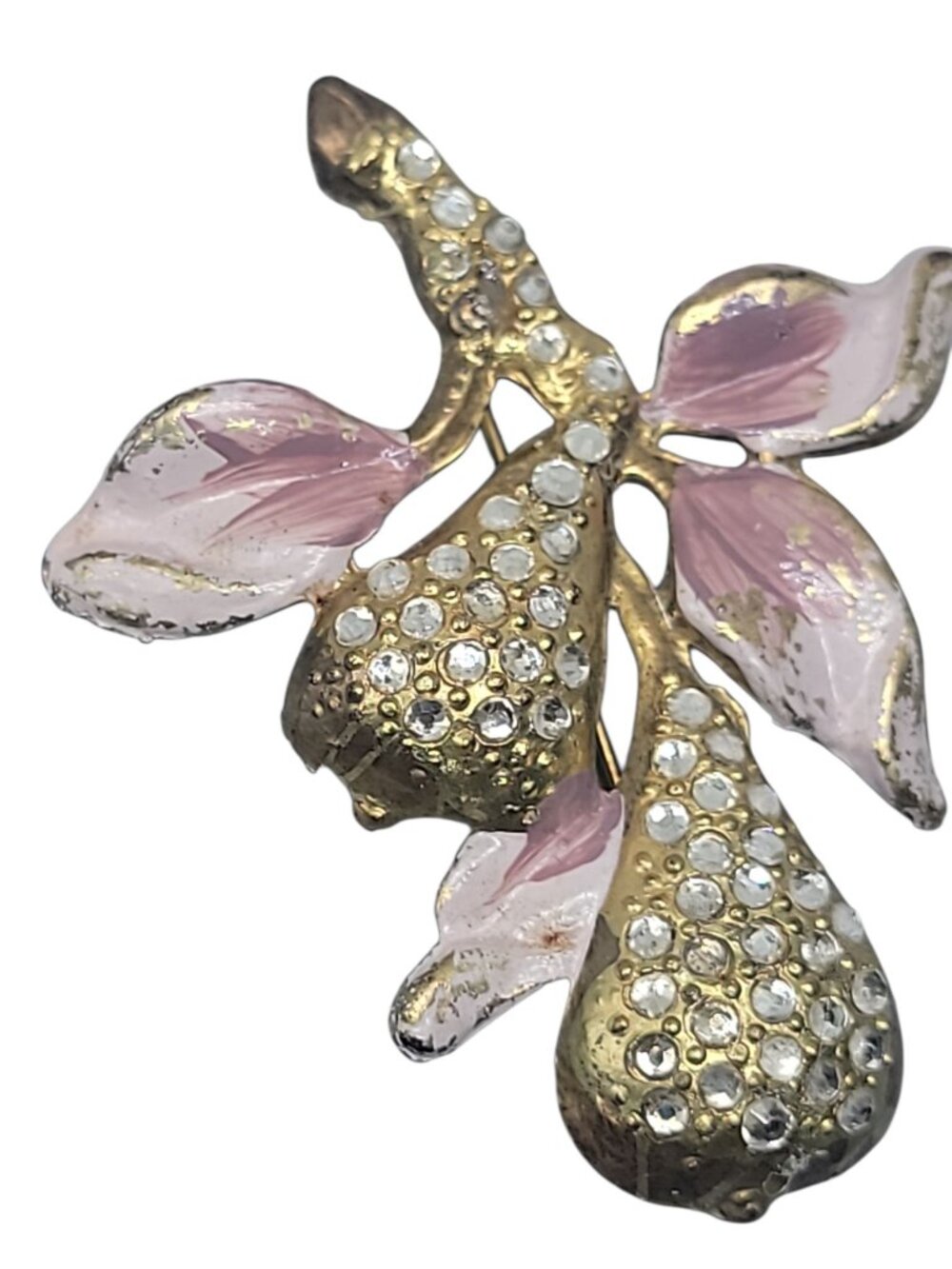 Vintage Period Pear Branch Rhinestone Brooch Pin Pink Gold Tone Dujay Copy - Picture 3 of 15